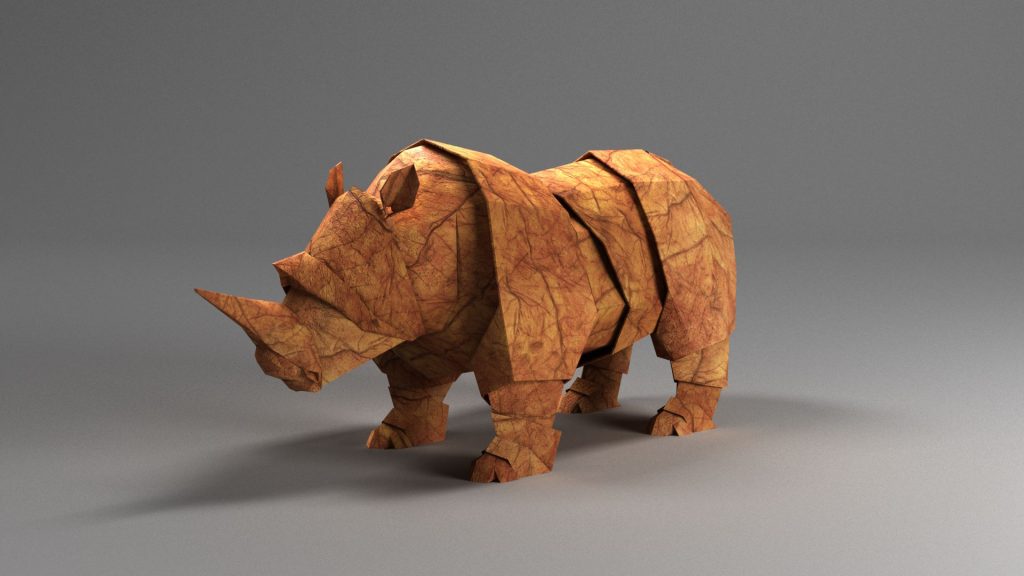 3D Animation Origami Rhino Made From Leaves